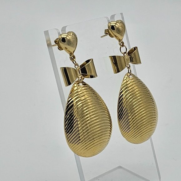 Gold Tone Heart Bow Dangle Teardrop Earrings 2" Drop Super Cute F15 - Picture 4 of 6